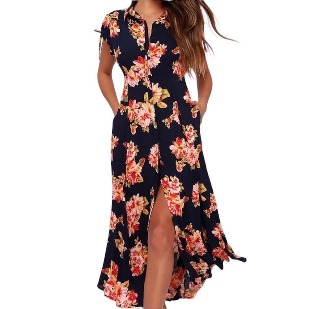 Lulu's Navy and Pink Floral Maxi Dress